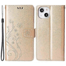 (Gold) Compatible For iPhone 15 Plus PU Leather Wallet Cover Cell Phone Case Imprinted Butterflies Shell Stand with Strap
