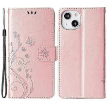 (PinkGold) Compatible For iPhone 15 Plus PU Leather Wallet Cover Cell Phone Case Imprinted Butterflies Shell Stand with Strap