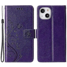 (DarkPurple) Compatible For iPhone 15 Plus PU Leather Wallet Cover Cell Phone Case Imprinted Butterflies Shell Stand with Strap