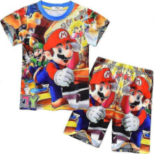 (5-6 Years, Blue) Kids Boys Super Mario Print Short Sleeve T-shirt Shorts Casual Outfit Set Pajamas Summer