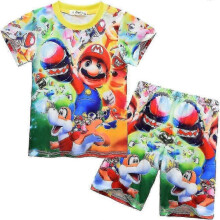 (7-8 Years, Green) Kids Boys Super Mario Print Short Sleeve T-shirt Shorts Casual Outfit Set Pajamas Summer