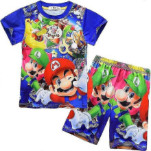 (4-5 Years, Dark Blue) Kids Boys Super Mario Print Short Sleeve T-shirt Shorts Casual Outfit Set Pajamas Summer
