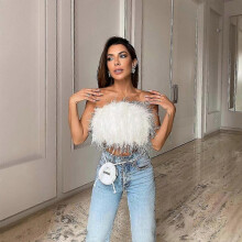 (L, White) 1 Pc Women's Fashion Fluffy Fur Smocked Top Versatile Feather Top Clothing_Special Gift