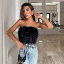 (M, Black) 1 Pc Women's Fashion Fluffy Fur Smocked Top Versatile Feather Top Clothing_Special Gift