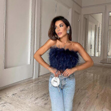 (XXL, navy blue) 1 Pc Women's Fashion Fluffy Fur Smocked Top Versatile Feather Top Clothing_Special Gift
