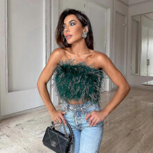 (M, dark green) 1 Pc Women's Fashion Fluffy Fur Smocked Top Versatile Feather Top Clothing_Special Gift