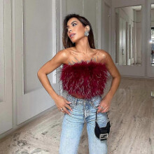 (M, wine red) 1 Pc Women's Fashion Fluffy Fur Smocked Top Versatile Feather Top Clothing_Special Gift
