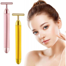 2 Pack T Shape Face Massager Beauty Bar Golden & Pink Facial Massager, Portable Electric Vibration Face Neck Body Massager for Firming Lifting Anti Ag