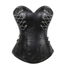 PU Leather Women's Bustier Top, Gothic Victorian Corset, Full Bust with Steel Boning, Push-Up L Black