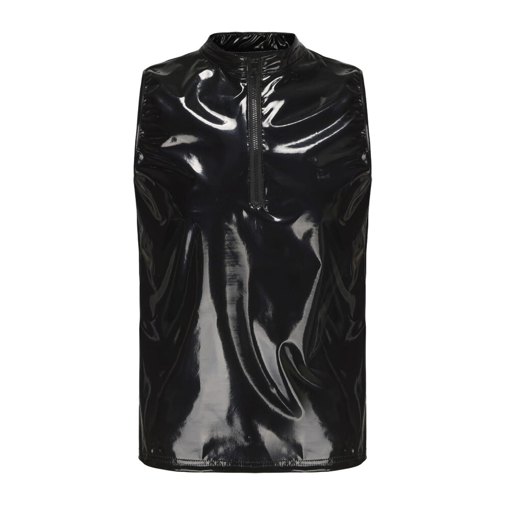 Black Men's Faux Leather Undershirt Xl Sleeveless Muscle Shirt With Zip Vest Metallic Shiny Wet Look Slim Fit Tank Top