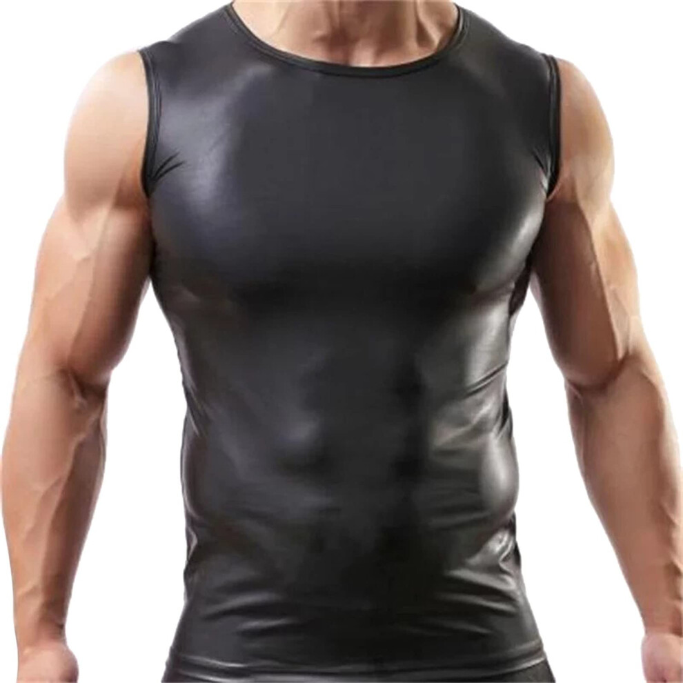Black Sexy Underwear For Men, Wetlook T-Shirt, 3XL Sleeveless Latex Tank Top, Stretch Leather Lingerie Undershirt