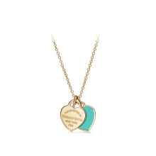 (Golden Double Heart Blue Necklace) Classic T-Home Double Heart Heart Pendant with Drip Glue and Diamond Plated Gold Plated Love Ti Family Fashion Necklace