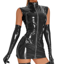 Lack Und Latex Dessous Women 1PC Sexy Black Dress Sleeveless Front Zipper PU Lingerie Nightwear Size 3XL