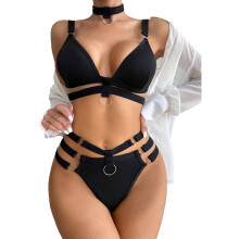 Damen Dessous Set Schwarz 3XL Metallring Halsband Triangel BH Mit Mehrlagigen Riemen Hohe Taille Slip Lingerie Nachtwäsche