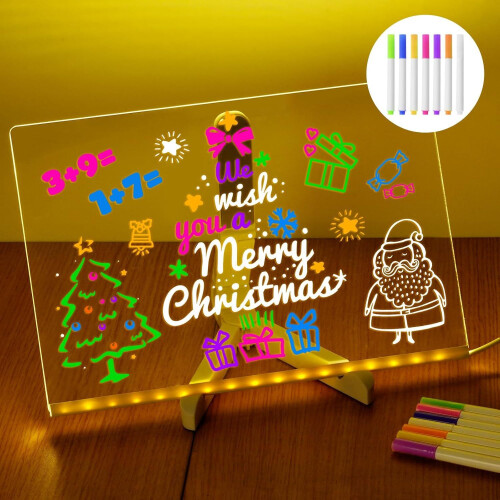 (30x20) LED Message Board with 7 Color Pens, Acrylic Glow-In-The-Dark Drawing Board, LED Illuminated Drawing Tablet with Stand for Office