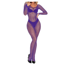Nylon Strümpfe Halterlos Bodystocking für Damen, Langärmlig Netz mit Offenem Schritt, Einheitsgröße Lila Dessous Set