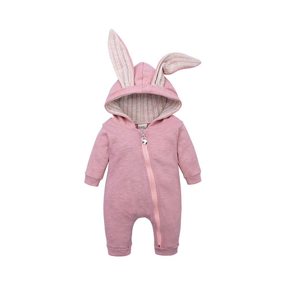 (Pink, 6-9 Months) Newborn Baby Boys Girls Romper Rabbit Bunny Ear Hooded Jumpsuit Cute Zipper One Piece Playsuit