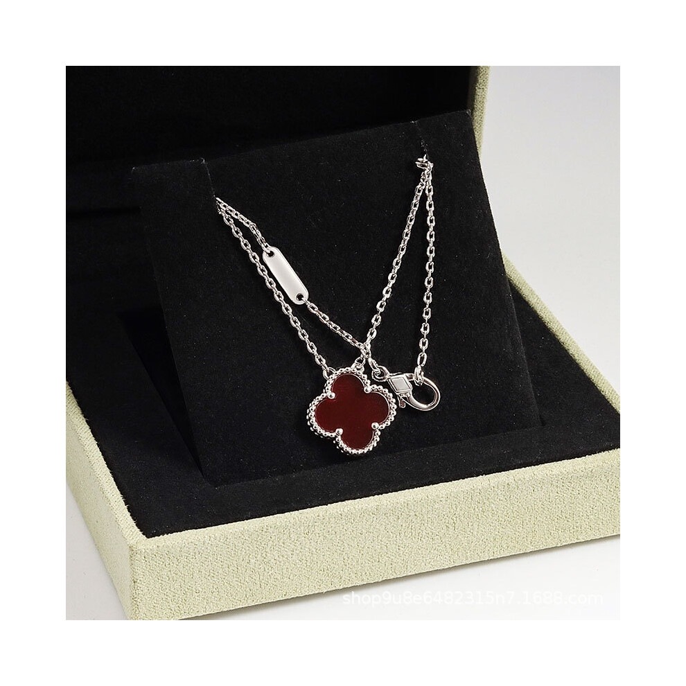 (White Gold [Red Agate] Necklace, Cnc Buckle Version) High Version 18K Gold Pendant, Collarbone Chain, Four-Leaf Clover Necklace, Red Chalcedony, Whit White,Red,Gold