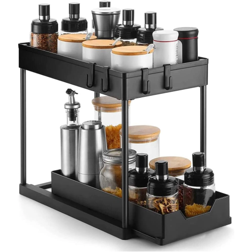 2X Under Sink Storage Organiser Shelf Spice Rack Pull Out Drawer Kitchen 2 Tier 2