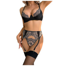 Women's Lingerie Set, Lace Bra Briefs Suspender Underwear, Black Red Sleepwear, Size M, Erotic Intimate Clothing Stil-o01