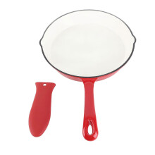 Poêle en fonte émaillée, monobloc, manche long, rouge, diamètre 25 cm, design ergonomique,