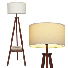 Tripod Floor Lamp Reading Light with Storage Shelf Linen Shade Brown