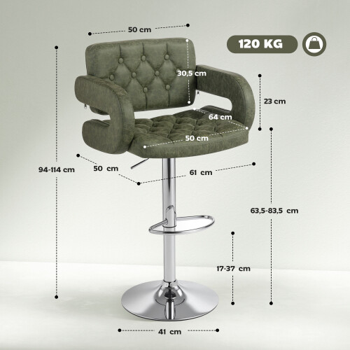Homcom HOMCOM Adjustable Height Barstool Steel Pole PU Leather, Green 2