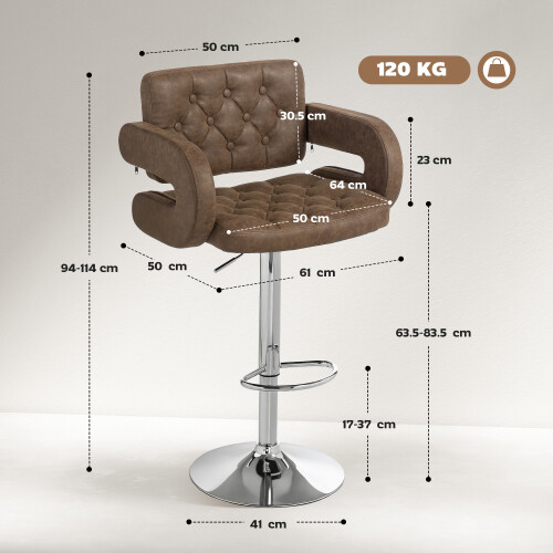 Homcom HOMCOM Adjustable Height Barstool Steel Pole PU Leather, Coffee 2