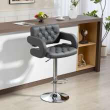 (Grey) HOMCOM Adjustable Height Barstool Steel Pole PU Leather Bistro Home Kitchen