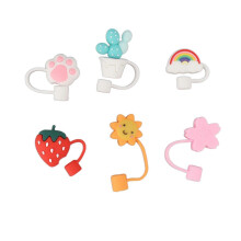 Lot de 6 couvercles de paille réutilisables en silicone, motif dessin animé mignon, bouchon de type