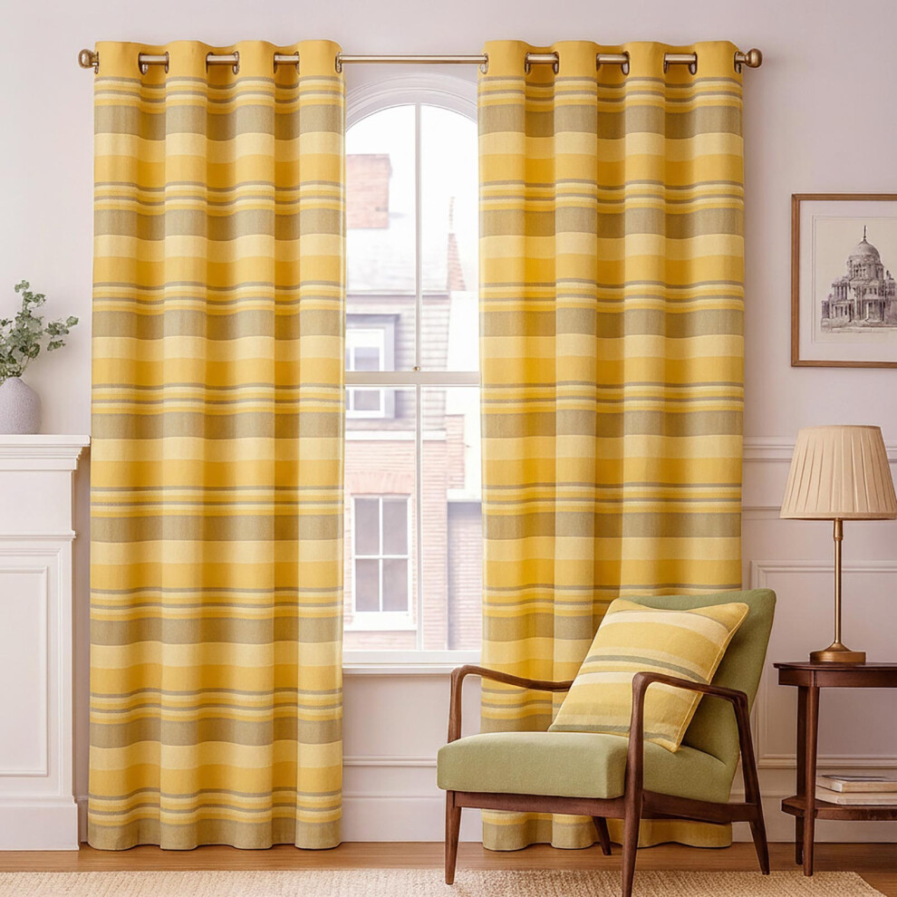 Homescapes (W 137Cm X Drop 137Cm, ) Cotton Morocco Striped Curtains Yellow