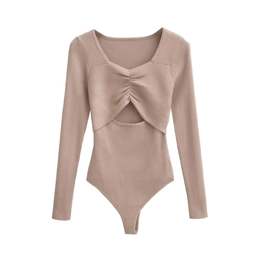 Women's Long-Sleeve Khaki Jumpsuit, Solid Color Rib Knit with Square Collar and Pleats, Size S-image-OPC-PK5XSBH-NEW