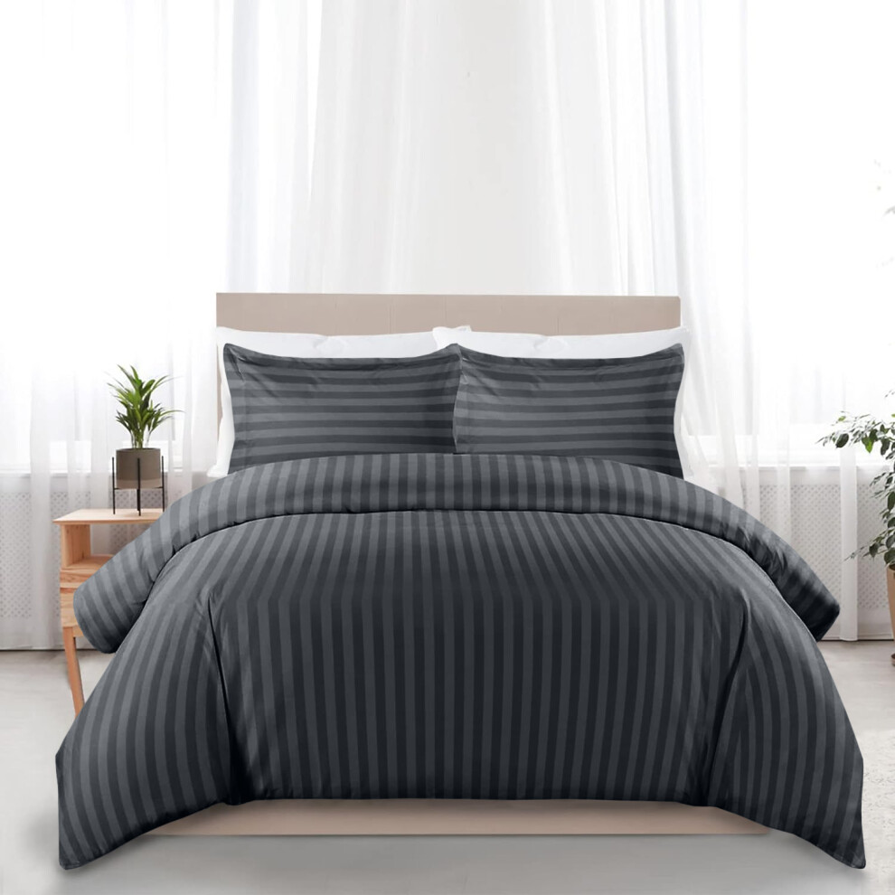 Imperial Rooms (Charcoal Stripe Duvet Cover) Soft Reversible Single Bedding Set Duvet Cover 3Pc