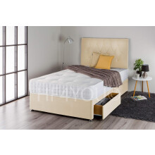 (5ft, 2 Drawers) Ivory Plush Divan Bed Set with Sprung Mattress and Matching Diamante Headboard