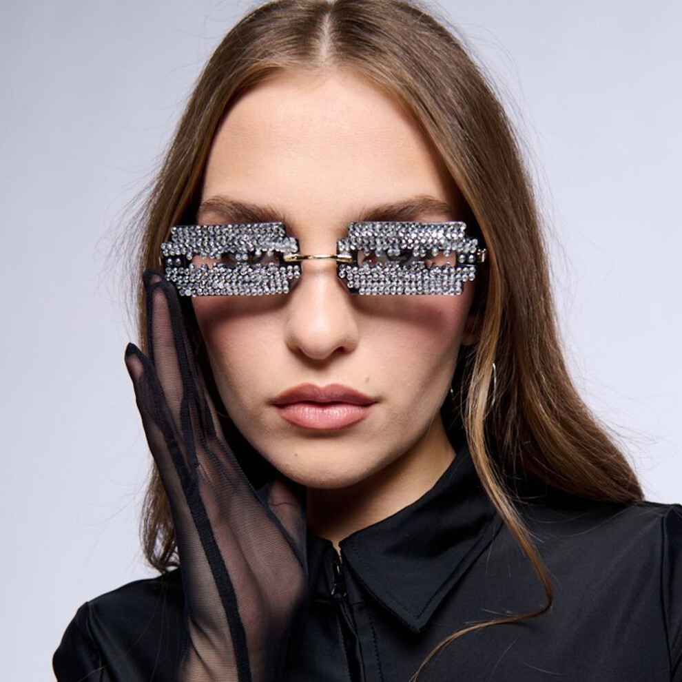 Hot Selling Hip Hop Blade Glasses Frame Exaggerated Rhinestone Foldable Silver