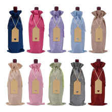 Decorative Wine Bag - Pack of 10 Reusable Hessian Jute Wine Bottle Gift Bags with Drawstring and Labels for Blind Tastings