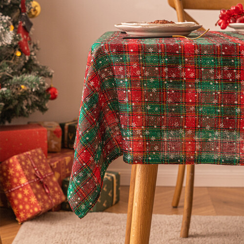 Christmas Plaid Snowflake Tablecloth Printed Rectangular Coffee Table Cloth Double Green Grid Small Snowflakes 60x60cm