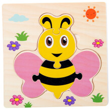 5-Piece Wooden Puzzle with Cartoon Animals - Bee, Frog, Fish, Elephant - Enhances Creativity and Motor Skills for Kids