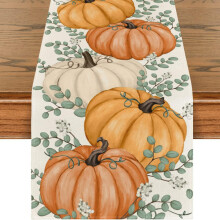 Autumn Pumpkin Eucalyptus Leaf Print Table Runner Thanksgiving Decoration 33x120cm Linen