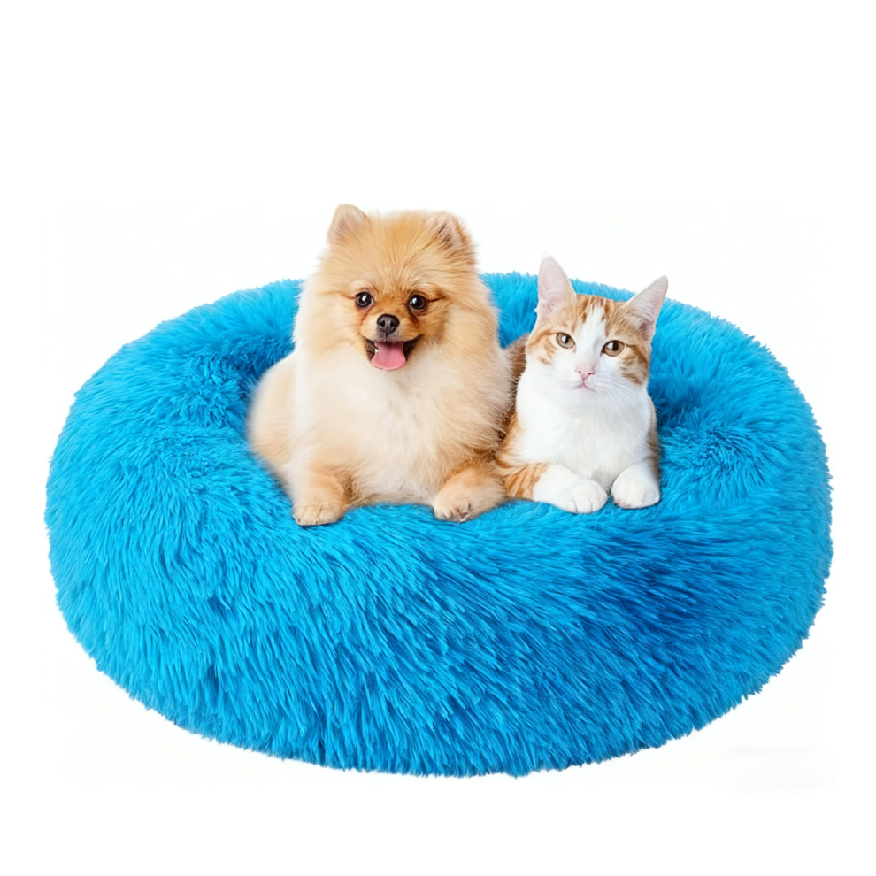 (Blue, 90CM) Calming Donut Dog Bed for Dogs Cats, Fluffy Anti AnXiety Dog Beds Washable Puppy Bed Non-Slip Plush Cuddler Warming Round FauX Fur Pet Be-image-OPC-PK5YSR7-NEW