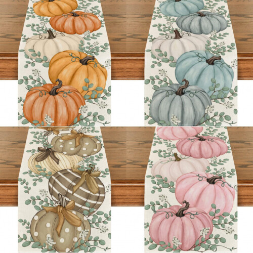 Autumn Pumpkin Eucalyptus Leaf Print Table Runner 33x275cm Linen Thanksgiving Decor 1