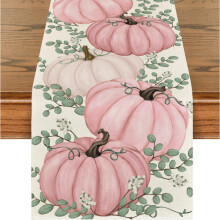 Autumn Pumpkin Eucalyptus Leaf Print Table Runner 33x275cm Linen Thanksgiving Decor