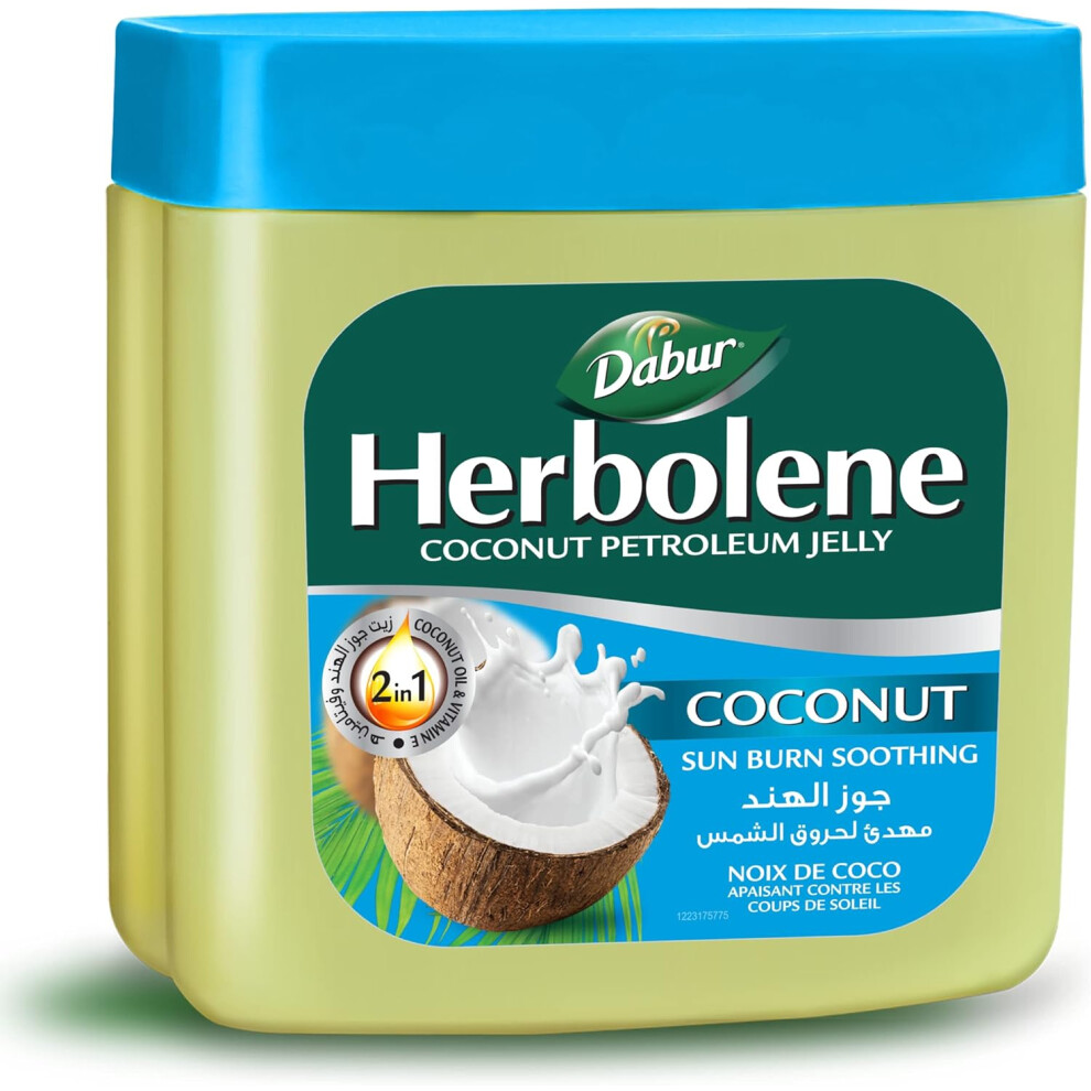 Dabur Herbolene Coconut Petroleum Jelly, Sun Burn Soothing 225ml | Sunburn Relief, Moisturizing Skin Protectant, Soothing After Sun Gel, Dry Skin Care