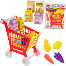 Children's Shopping Trolley Toy Set, 21 Pieces Supermarket Play Set with Red Trolley, Food, Fruit, Vegetables for Role Play