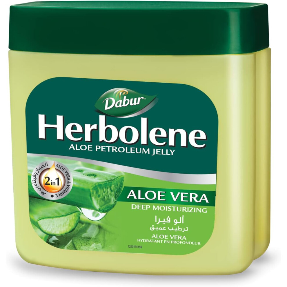 Dabur Herbolene Aloe Petroleum Jelly with Aloe Vera & Vitamin E 225ml | Moisturizing Dry & Rough Skin, Soothing Skin Protectant, Healing Skin Balm