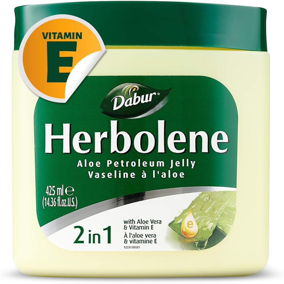 Dabur Herbolene Aloe Petroleum Jelly 425ml | Enriched with Aloe Vera & Vitamin E, Deep Moisturizing for Dry & Rough Skin, Soothing Skin Protector