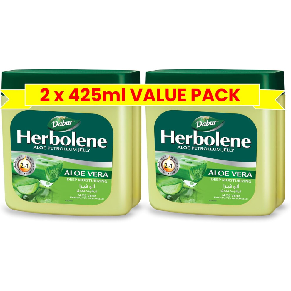 Dabur Herbolene Aloe Petroleum Jelly (2 x 425 ml) | Enriched with Aloe Vera & Vitamin E, Moisturizing & Soothing for Dry & Rough Skin, Skin Protectant