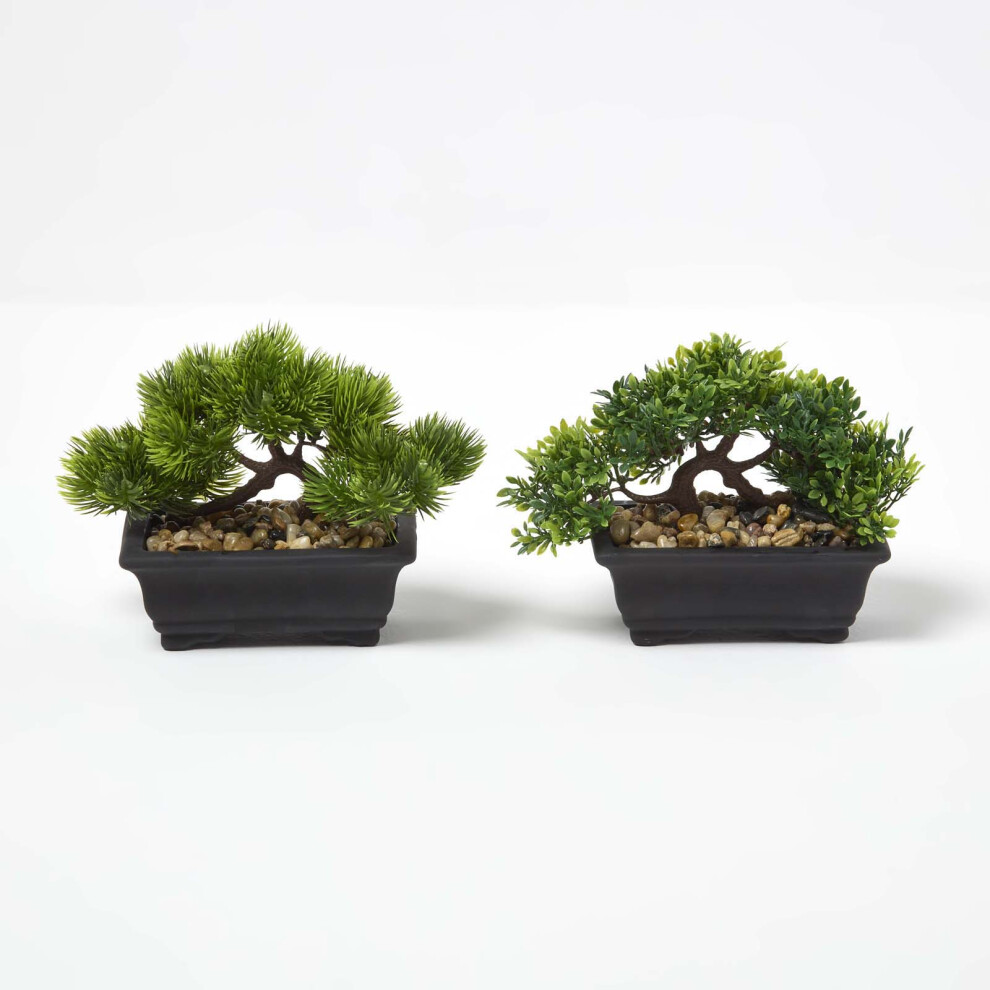 Homescapes Set Of 2 Artificial Bonsai Trees In Decorative Pots, 15 Cm Tall Green