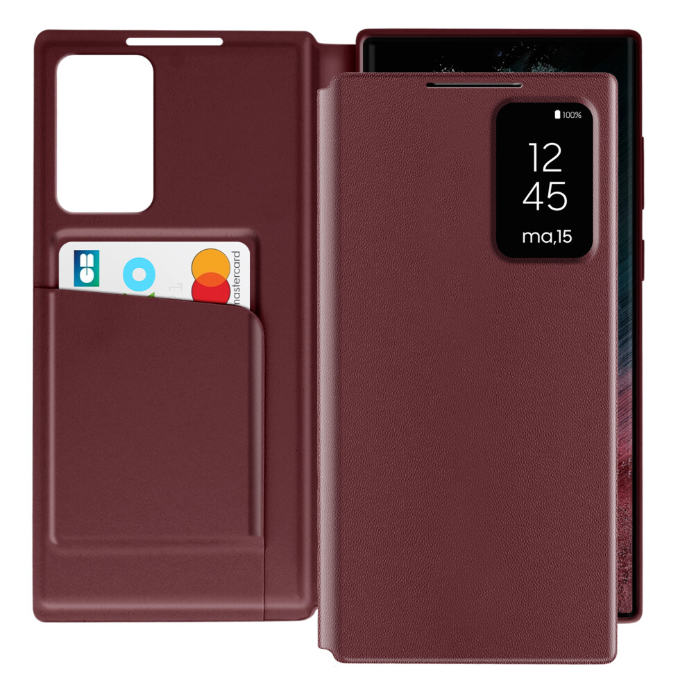 Avizar Leather Case For Galaxy S22 Ultra Display Window Card Holder, Burgundy Red 3662428134780