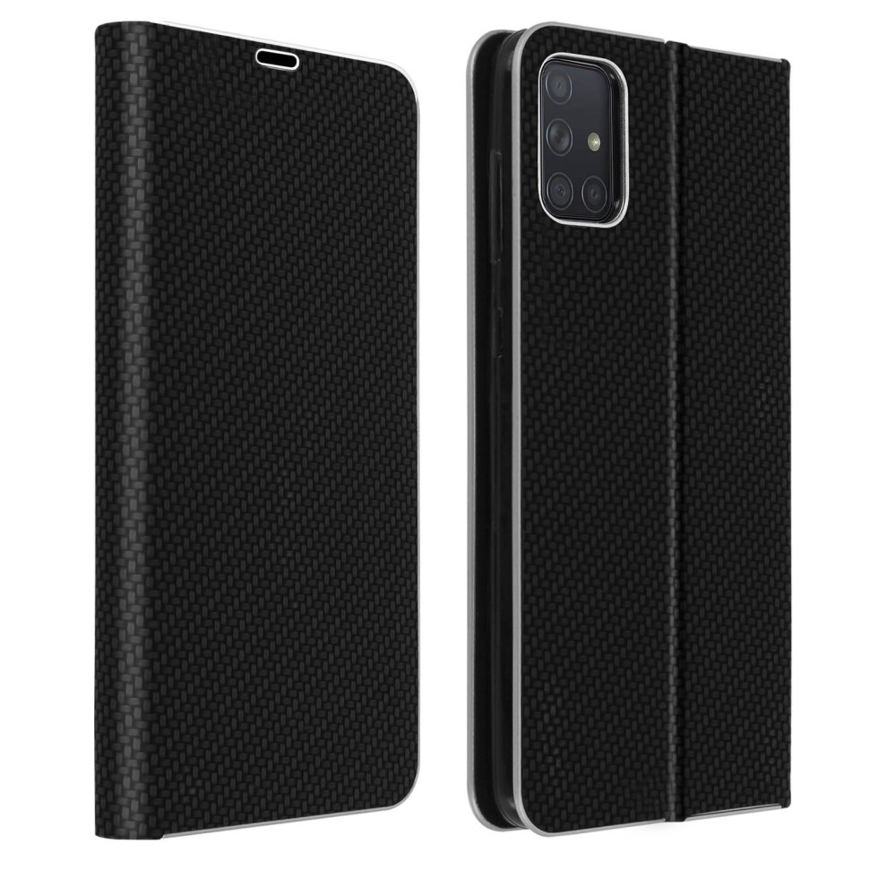 Folio Case For Samsung Galaxy A71 Card-Holder & Stand Carbon Effect Black 3662427455091